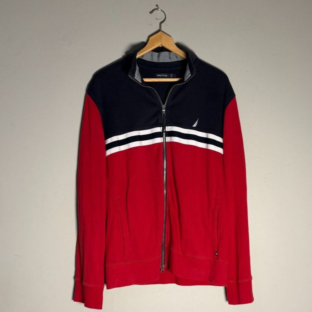 Nautica Mens L Red Navy Colorblock Full Zip Track Jacket Cotton Sailing
